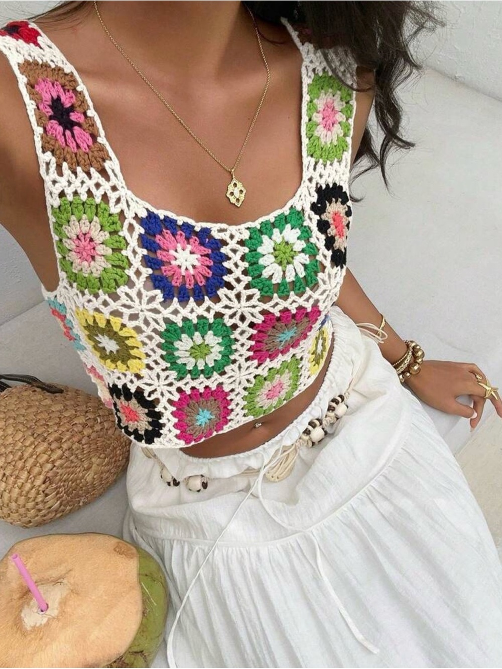 2 for $20 sale: Say what white crochet crop top  patchwork floral granny squares